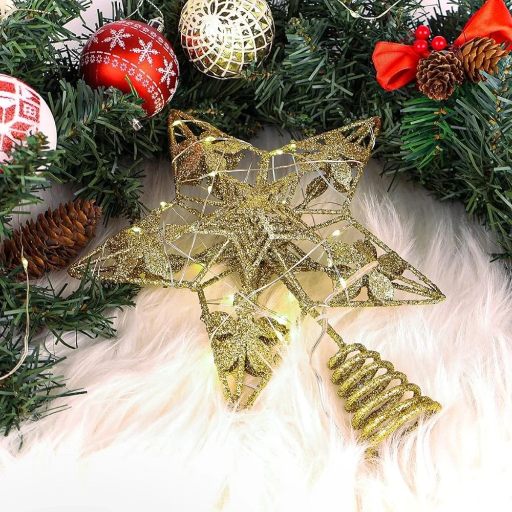 NEW! Lighted Glitter Gold Star Tree Topper 3D Hollow Poinsettia Battery Operated
